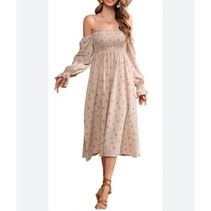 R Vivimos Womens Coquette Milkmaid Dress Size L Ditzy Floral Off Shoulder Midi